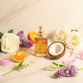 Coco Rose Perfume with white roses, peony, lilac and coconut on cream marble